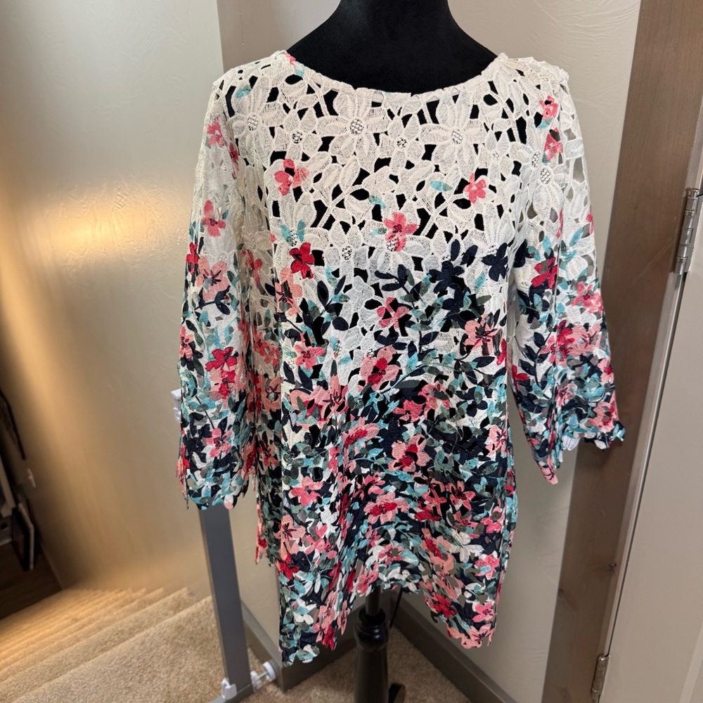 Charter Club Lace Floral 3/4 Length Sleeve Blouse White Pink Blue Eyelet Spring